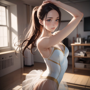 a ballet dancer in a ballet pose, inside a studio, wearing ballet dress,
good hand,4k, high-res, masterpiece, best quality, head:1.3,((Hasselblad photography)), finely detailed skin, sharp focus, (cinematic lighting),  soft lighting, dynamic angle, [:(detailed face:1.2):0.2], medium breasts,
