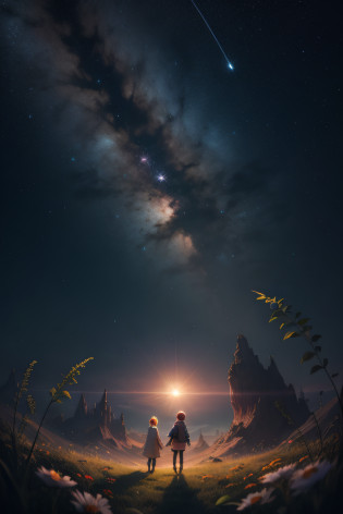 Create a captivating and magical book cover that represents the story 'The Incredible Space Voyage of Luna and Leo'. Na capa, destaque Luna e Leo, a girl and a boy smiling in awe as they gaze up at the night sky filled with twinkling stars. They are standing next to their magical spaceship, que emana uma luz suave e misteriosa.

O fundo da capa deve ser escuro e estrelado, with the Milky Way visible in the sky. A shooting star must scratch the sky, adicionando um toque de magia. Ao redor de Luna e Leo, The yard is dotted with grass and small flowers, and tall trees and shrubs create a welcoming environment.

The title of the book, 'Luna and Leo's Incredible Space Journey', should be displayed with flashy and friendly letters, destacando-se na parte superior da capa. Below the title, inclua o nome do autor.

The cover should convey the feeling of wonder, Adventure and hope that history offers, and should attract the attention of children and parents looking for an exciting and educational read.