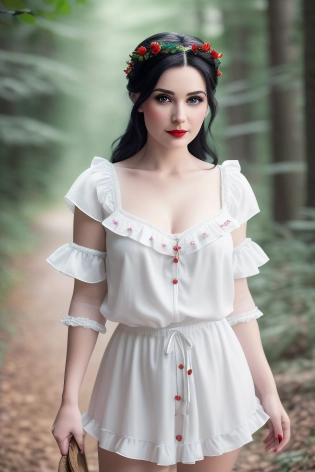 woman dressed as snow white, natural makeup, flirting, dreamy background, (((full body visible))), looking at viewer, portrait, photography, detailed skin, realistic, photo-realistic, 8k, highly detailed, full length frame, High detail RAW color art, piercing, diffused soft lighting, shallow depth of field, sharp focus, hyperrealism, cinematic lighting