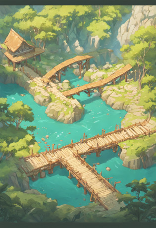 Maze?dungeon, A river flows in the middle of the circle, Three wooden bridges over the river, crystals, Ruins, Game map design,, Cartographic map, Top-down map, 2D, cartographic, Game Map, Map layout