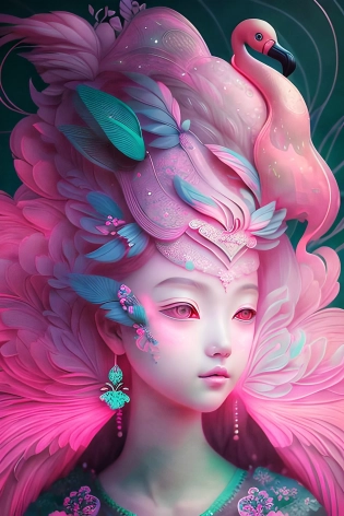 a Girl with pink neon skin implants. beautiful intricately detailed flamingo mask, ornate, Dreamlike background. Character created by artstation, Golden hour, bokeh, creature, digital art by Miho Hirano, Neimy Kanani, Hsiao Ron Cheng