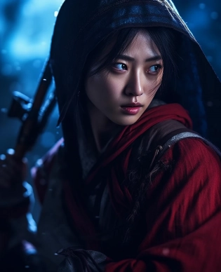 Beautiful Korean female assassin magic realism, black and red traditional hanbok, in the style of dark sky-blue and red, movie still, k-drama, hyper-detailed, stunning composition, epic lighting, 32k, uhd resolution, shot on Hasselblad H6D-400c Multi-shot, Mitakon Speedmaster 65mm f/1. 4 XCD --c 10 --q 3 --ar 25:31 --v 5. 1 --style raw --s 750 --v 5. 1