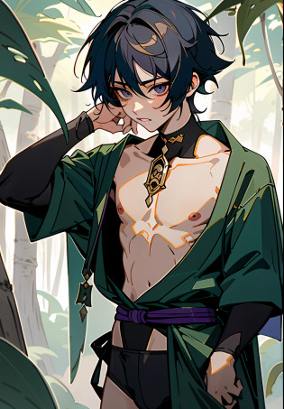 masterpiece, best quality, scaramouche (genshin impact), with only a thong, 1boy, male focus, solo, in a forest, leaves