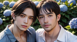 (They are male gay couple ), (head shot), (face only), (two male gay handsome muscular men in their 30s, red and blue hydrangeas blooming in a Japanese garden), short ash brown hair, They resemble Chris Redfield from Resident Evil, mischievous smile, (small details: 1 in 1), natural muscles, hig quality, beautifull eyes, (Detailed face and eyes), (Face?: 1 / 2), noise, real pictures?... ..............PSD, Sharp focus, High resolution 8K, Realstic & Professional Photography, 8k UHD, Soft lighting, High quality, Film Grain, Fujifilm XT3