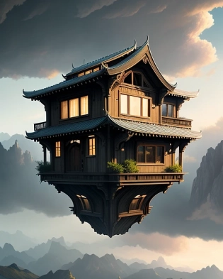 (flying house:1. 1), capsule house, hanging in the air above the ground, front door epic, large glass windows, (apocalypse:1. 2), artstation, high detail, cinematic, epic realistic, detailed, fenghua zhong