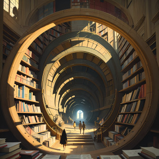 Arafed image of people, standing in the library with books, (Magic Library, Fantastic design, M�bius strip), Endless Books, Artworks of the Space Library, Book Cave, Fantasy book illustration, Spiral shelves, Complete Books, The Infinite Celestial Library, The Eternal Library, gothic epic library concept, The Magic Library, Japanese science fiction books, beeple and jean giraud, Books are everywhere