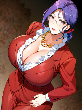 anime - style image of a woman in a red dress with a necklace and glasses, oppai, oppai proportions, big breasts!!, big breasts!, shalltear from overlord, with a large breasts, royal elegant pose, misato katsuragi, maya fey from ace attorney, ((wearing aristocrat robe)), cleavage, with large breasts
