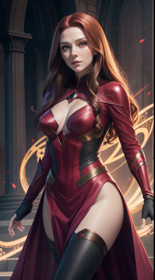 Subject: A photorealistic portrayal of Scarlet Witch in her enchanting attire, standing gracefully with an air of mystique.
Type of Image: Photorealistic digital artwork capturing Scarlet Witch's mystical aura and captivating presence.
Art Styles: Photorealism, showcasing intricate details of Scarlet Witch's costume, intricate accessories, and her captivating expression.
Camera: Shot with a medium lens to provide a balanced view of Scarlet Witch's figure and expression.
Shot: Full-body shot, highlighting Scarlet Witch's elegant posture and captivating gaze.
Render Related Information: High-resolution render (4K) with meticulous attention to detail in Scarlet Witch's attire, accessories, and facial features.