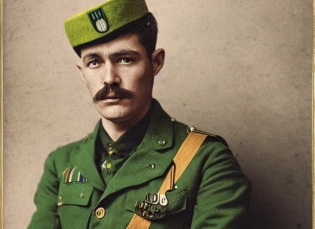soldier with badges, green uniform, sad face, sitting in a chair, drinking coffee, street coffee shop, color photography