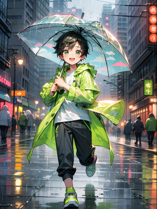photoRealstic?Drawing of a ((cute chibi boy ina rainy city)) , holding a umbrella, wearing ((neon green raincoat)) , happy,cute, jumping in a rain, city blurry background, happy, absolutely adorable