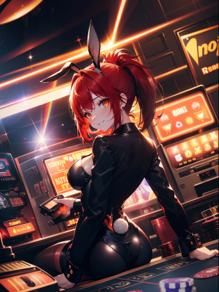 (Cat's ears:1.3),(Bright red hair ponytail with details:1.7),(Backthrust Focus:1.3),(Slim Face:1.3), (slot machines:1.3),(Excited smile:1.3) ,(large full breasts:1.0),(Black Bunny Girl Suit:1.3),(big eye:1.3), (fishnet tights:1.2), (Exposing breasts:1.3), (Rabbit ears:1.3), (trump card:1.3),(slot machines:1.3),7 Design,Bar Design,Casino Text,pentacle,gold rush,Casino Poker,Casino Roulette,Neon Beam,Canon 5D, 85 mm, Depth of subject, 8K, ultra sharpness, nffsw, octane, Unreal, Dramatic light, Global Illumination,Motion Picture Film,rainbow,lensflare,(Orange Eyes:1.3),extremely detailed eye,(Star Rainbow Art:1.3),(PlayingCards:1.3),(Agfacolor:1.3),(close portrait:1.3),(Feminine:1.4),(Beautiful:1.4),(Attractive:1.3),Move an angle,perfectly detailed eyes,Themed Background,