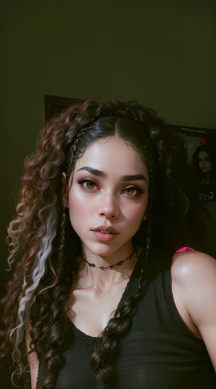 arafed woman with long curly hair and a black top, with haunted eyes and curly hair, headshot profile picture, tessa thompson inspired, she looks like a mix of grimes, profile image, half portrait, 1 7 - year - old goth girl, goth vibe, mixed race, mixed styles, her face framed with curls, mixed race woman