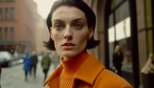 street style photo of a young woman wearing orange gucci sweater, wide shot, natural lighting, soho, shot on Agfa Vista 200, 4k --ar 16:9 --q 2