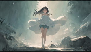 Motion blur, Depth of field?A place where strange boulders are bent?ln the forest?small stream?inverted image?extreme light?fog atmosphere?The moonlight shone on the side of the girl's face?22 year old?realisticlying?no-bra?a white long skirt?Extra-long sleeves?Off-the-shoulder attire?huge tit?cleavage?Full-length colorful hair?Messy hair?Barefoot?Full body like?realskin?realcumAI?Snow-white skin?Snow-white thighs?Top image quality?Extreme light and shadow?Colorful tights?High details?Standing painting?lines of movement?Dance?komono?PC Wallpapers?Two-thirds of the canvas generates the body?move chart?