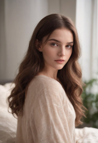 Photo of a 20-year-old European girl, .RAW, beautiful woman, (extra long wavy brown hair), (portrait), (Detailed face:1.2), (LED facial features of Deta�)), (finely detailed skin), dark skin, peau d'espagnol, avec un pull, Bedroom environment, assis sur le lit, (couleur froide), humide, humide, Reflectors, (masutepiece) (proportions parfaites) (Realistic photos) (Best quality) (Detailed) photographed in a Canon EOS R5, Objectif 50mm, f/2.8, nffsw, (8k) (wallpaper) (lighting cinematic) (dramatic lighting) (mise au point nette) (complicated) mode, Du haut