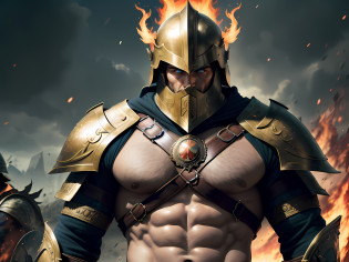 Realistic photo of a unique Greek God Ares,  (Beautiful man), (looking at camera), (European man, 30 years old),  (mighty and imposing figure), (Tall and muscular), (Well-built body), (warrior's clothing), (traditional ancient Greek armor), (helmet, cuirass, greaves and shield), (armor adorned with symbols of war), (War helmet adorned with a red crest), (Fiery eyes), (Battle posture), (Manicured beard), (Divine radiance), war landscape. Professional photo, waist up photo, ultra sharp focus on the woman. RAW analog photography, 80mm f2.8 lens, masterpiece, best quality, ultra detailed, 8k, intricate details, minute details , details depiction, cinema scene, realistics details, --ar 4:3 -imagine --lora --lyriel --semi-realistic