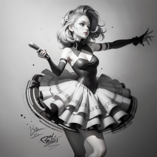 A painting of a girl in a dress holding a microphone, full body concept, full body portrait of a puffy skirt! , black and white monochrome, black and white, line sketch, rough sketch, line sketch!, sketch art style, she is dancing. Reality, concept sketches, character design sketches, quick sketches, full body! , dancing characters, old sketches, graffiti sketches, she's dancing,