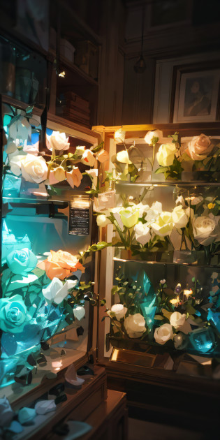 Lots of flowers in the fridge on the shelf, roses in cinematic light, flower shop scene, more and more flowers, nature and floral aesthetics, i dream of a vase flowers, Blooming flowers, beautiful flowers and crystals, Glowing flowers, Lots of flowers, Magical flowers, beautiful aesthetic, with frozen flowers around her, Beautiful flowers, a few roses, flowers blooming --auto