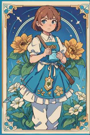 tarot cards?Full tarot border??best images quality??(The image is surrounded by a tarot card-style border:1.5)??8k�wallpaper???best images quality???Extremely detailed description??tarot card art,tarot card art, tarot design, beuaty girl?The most beautiful girl in the world?gardener??blue-sky?Bokeh background?gardening?Hold a sprinkler jug?2??quadratic element??hoang lap?A high resolution?hyper-detailing??Visual storytelling?capturing moments?historical records?social commentary?Powerful images?mosaic art?Small?Colorful inlays?Intricate patterns?Tile design?Durable surface?Time-honored technology?A girl holds a sprinkler jug and is about to water a flower?Flat coating?a warm color palette?Beautiful female?idyllic?Adults?gardening
