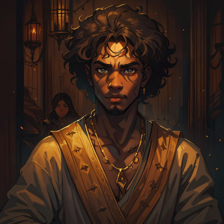 a young black man he has a determined look and voluminous curly hair curly beautiful curly hair highlight in this image a true African art exalting black beauty this man is beautiful and also has the essence of a lynx create lynx ears in this man as a hybrid between lynx and beastly leave the essence of lynx in the image also depicting the connection of the animal with man an illustration for an RPG, uma arte medieval, He's in a dark wooden room with little light, iluminada por tochas, luz baixa, Exotic warm colors in a mysterious and sexy theme, uma arte de bardo medieval, RPG, Arte de RPG, Arte medieval, arte de RPG medieval, uma arte expressiva, arte conceitual