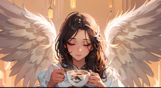 Picture of a girl with a cup of coffee and angel wings, beautiful angel girl, close one eye, beautiful angel, angel girl, beautiful angel portrait, beautiful angel girl portrait, angel, angel, coffee dark angel, winged girl angel, adorable digital painting, angel themed, angel, beautiful female angel, young one angel