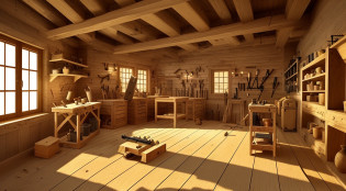 carpentry workshop, realistic illustration, high quality, dynamic lighting and shadows, high resolution, (carpentry tools), rich in detail, rustic atmosphere, sawdust flying ((interior)), wood surface texture and grain details, wood sawdust wood, (floating powder), wood shavings, custom woodworking projects, inspiring creativity