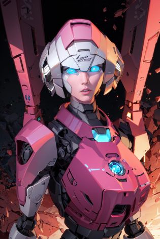 masterpiece,solo, volumetric lighting, best quality, intricate details ,<lora:Arcee:0.9>,Metallic skin,  no humans, mecha,desert,robot face,illustration,glowing eyes, blue eyes,thin lips,upper body, comic,pink skin,robot