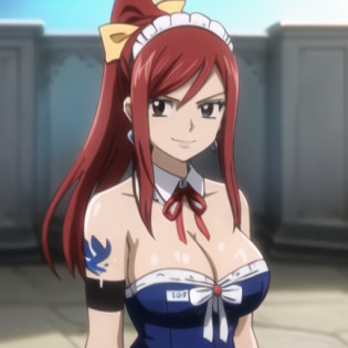 1girl, solo, erza scarlet, fairy tail, red hair, brown eyes, breasts, cleavage, tattoo, earrings, jewelry, long hair, ponytail, large breasts, bow, bare shoulders, hair bow, ribbon, upper body, smile, detached collar, maid headdress, strapless, lucy heartfilia, looking at viewer, orange bow,  <lora:erza:0.7><hypernet:sgqo1n:1.0>