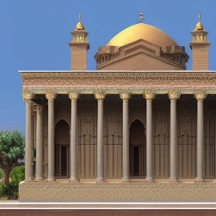 Realistic architectural rendering of the front of house in a persian architecture, The facade features a central nave with 12 Corinthian columns and a pediment adorned with sculptures, The nave is flanked by two aisles and two bell towers, while the top of the facade is surmounted by a balustrade with roman greco statues