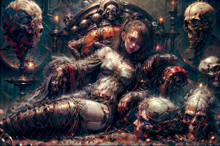 striated hair, asymmetrical bangs, crystal hair, Shiny hair, anchor choker, skull hair ornament, crystal earrings, red blush, cleavage of the breast, abdominals, thighs thighs thighs thighs, (Very shiny skin), (very juicy skin),Luxuriously decorated leather jacket? Cinematic lighting, spark of light, reflective light, drop shadow, Best Quality, masutepiece, Anatomically correct, Textured skin, Super Detail, hight resolution, in 8K, Antique furniture on the back shelf,Lying on a plush antique bed, Lots of skulls rolling on the floor, Candle standing on the skull, Skull Cup,Lots of antique lamps?Candlestick candle flame