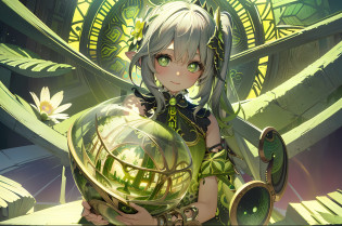 absurdres, highres, ultra detailed, (1girl, solo), 
1girl, (pop art:1.2), zentangle, (flower effects, light effects:1.2), (Arts Dcoratifs:1.4), nahida inside a green glass ball, absrtaact fractal background, green fractal effects
