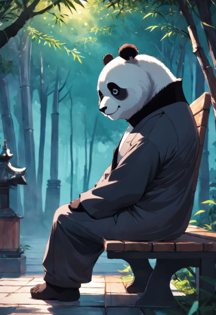 Panda in suit?adorned in majestic attire?Sit on a bench?There is a handbag, Melancholy looked into the distance?With your back to the camera?shot from a far distance?best qualityer,  8K????Cinematic lighting?best qualityer?Detail light?bamboo forrest