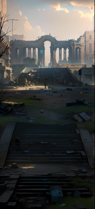 There are plenty of stairs?An abandoned square that smells of wasteland, Doomsday European and American City Square?In the center of the square is a huge statue?The building is dilapidated?Doomsday wasteland style?inspired by Ismail Inceoglu, Ismail Inceoglu, dramatic concept art, concept-art ? highly rendered, concept art for a video game, game art matte painting, highly realistic concept art, author?Ismail Inceoglu, concept world art, author?Luis Miranda