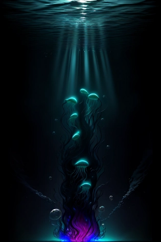 ((Masterpiece)), Multiple Alien jellyfish floating in a fantastical ocean, Sci-Fi, Fantastic, Dramatic lighting, God rays, Underwater particles, bubbles, eerie aesthetic, Aquatic, Vivid colors, UHD, HDR, 8K <lora:epiNoiseoffset_v2:2. 0>Model: ReV Animated