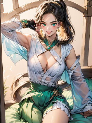 ful:1.3?stands??masterpiece?3D?realisitic?Ultra Micro Photography?top-quality?Ultra detailed CG Unity 8k wallpapers?((Luxurious golden tiara on forehead:1.4?Metallic green pleated mini skirt:1.2?Green pre-gate mini skirt:1.1?Huge pink bow on the chest:1.2?Green gloves on the elbows:1.1?large collar of green?Green sailor color?Green brooch))?frombelow?intricate detailes?(1 female)?20yr old?(hmjupiter, green eyes, ponytail, tiara, jewelry, sailor senshi uniform, green sailor collar, choker, elbow gloves, white gloves, pink bow, brooch, white leotard, green skirt, pleated skirt,meishaonv )?((single ponytail)),Luxurious gold decoration, incredibly long brown hair:1.2?shiny beautiful straight long brown hair:1.2?Sailor Jupiter Uniform, (Sailor Senshi Uniform?Bare upper arms:1.2?Long white latex gloves with luxurious gold decoration:1.3?very large pink bow behind the waist:1.1?Green choker? Cleavage is sexy and boldly large?Golden ring-shaped earrings,Glossy green long knee-high boots with luxurious gold decoration),?(Very thin and fitting high gloss white holographic leather:1.3,Bold and sexy slender high-leg gravette swimsuit)?((battle posture))? ((seducting smile?Very Clean Face?Details of face:1.5?bright green eyes?beautiful countenance?beautidful eyes?shinny eyes?thin lipss:1.3?thin and sharp pale eyebrows,?long dark eyelashes?Double eyelashes))?Luxurious huge white wings?muscular muscles:1.2? Muscular abs:1.2?a small face?huge-breasted?