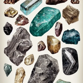 full page antique lithograph of gemstones minerals, White background, art print, clean brush stroke, realistic highly detailed, 8k post-processing highly detailed, rendered by octane engine, esty, --ar 16:9