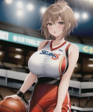 1girl, alone in image, tapered hair, shaved side, huge breast, light brown hair, best girl hair, basketball stadium, basketball court, audience, watching, women's nba, competitive, middle of a basketball game, team uniform, anime