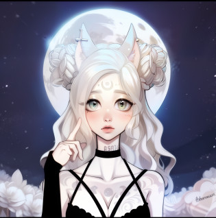 (Anthropomorphic wolf cute cub) orelhas de lobo,com jaqueta preta, um olho azul e outro branco , heterocromia nos olhos ,cabelo platinado cacheados com pontas roxas,bad girl, Moon birthmark on forehead ??, Hibrido,jovem, retrato, busto, postura de frente para a camera, Cartoon, vestido como  uma vesater roqueira metaleira dos anos 80 obra prima, postura de confiante, youtuber, fleshy lips , piercings no nariz e nas orelhas de lobo, tatuagens pelo corpo, tattoo de lua ? acima dos seios,asas de anjo negro nas costas, and dark purple necklace on neck, Hand with drag glove