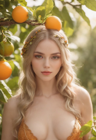 (ultra high res,best quality), (8k, best quality, masterpiece), ((nsfw)),best quality, masterpiece, illustration,CG ,unity ,wallpaper, official art, Amazing, finely detail, an extremely delicate and beautiful,extremely detailed, highly detailed, sharp focus,rich background,blurry background, ((small breasts)) With robes that shimmer like citrus fruit, this enchantress wields the power of oranges, lemons, and limes. Her staff is topped with a glowing orb that changes color, resembling the shifting shades of a sunset over an orchard. Her hair is styled in intricate braids adorned with citrus slices, and her eyes have a sparkling vibrancy like freshly squeezed juice, ((perfect_pussy_labia))