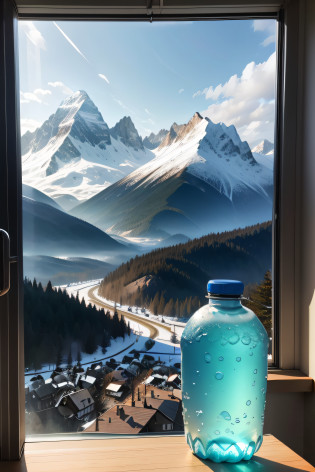 Mineral water bottles in the kitchen? Outside the window there are mountains
