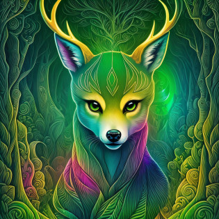 cartoon deer with green eyes and green sweater, anthropomorphic deer, cute forest creature, anthropomorphic deer, digital green fox, anthropomorphic deer female, anthropomorphic female deer, cute characters, cute cartoon characters, telegram stickers, cute digital art, cute, trending dribbble.com mascot, cute creatures, clear antlers, bright colors, thick lines, waves, multi-layered, foreground, vista, psychedelic surrealist art, surrealist psychedelic design --auto --s2