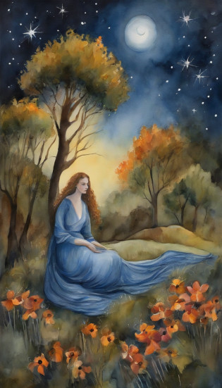 Imagine a serene and captivating scene of a women peacefully asleep, nestled beneath a soft blanket. Through her bedroom window, let the enchanting glow of the moon and the shimmering brilliance of the stars cast a tranquil radiance upon her. This captivating image captures the harmonious connection between the beauty of the night sky and the tranquility of her dreams