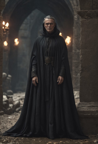 Homem com capa encapuzada no topo de uma montanha, vestido com um manto preto, wearing a flowing robe, vestindo um manto preto, Yuri Shwedoff e Tom Bagshaw, um manto preto, Capa preta, elegant cinematic fantasy art, dark cinematic concept art, Arte de fantasia 4k, Capa escura, Arte de fantasia 8k, Camuflada