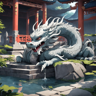 Best quality, masterpiece, anime style?A gray granite statue in the shape of a Chinese dragon?granite?Chinese dragon?Below is a pond?lotus?lotus leaf