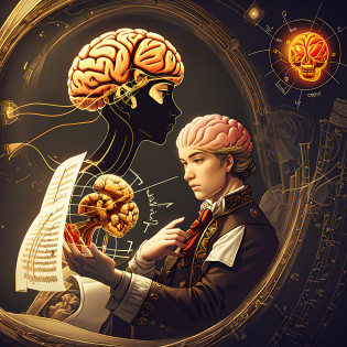 Score of a Mozart piece next to a stylized brain.