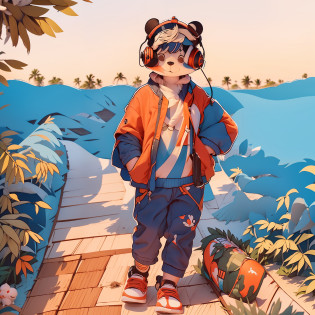 A cute well-detailed panda, wearing a comfortable blue sweatshirt and headphones, walking along the beach of the paradisiacal tropical island, enjoying a stunning orange sunset as he strolls along the wooden boardwalk beside the gentle waves. Flakes of fluffy white clouds float lazily across the clear sky above the coastal landscape as a flock of seagulls murmurs in unison in the background.