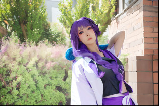 Masterpiece, Best quality, Ultra-detailed, Photorealistic, Realistic,  sfv, 1 girl, Solo, Upper body, cosplay , Purple hair, Shy,  view the viewer,