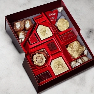 box of chocolates hexagon, chocolates made of exagon, golden details, realistic, 4k, detailed end An ultra detailed photo portrait of a beautiful blonde woman in a red gala dress. 150mm, hyperdetailed face, realistic skin, stunning, elegant, vibrant colors