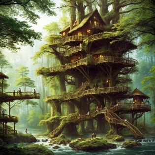 A large treehouse city in an enchanted forest surrounded by a river, 8k, masterpiece, vibrant, overgrown, nature, wildlife