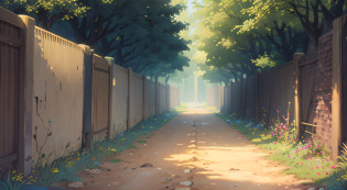 A serene path in the midst of nature, symbolizing the search for a state of happiness.